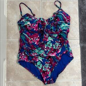 Floral Ruched One-Piece Swimsuit in Blue and Pink